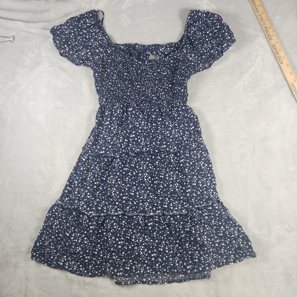 Hollister XS Navy Floral Off Shoulder Smocked Tie Back Mini Skater Dress‎ Y2K